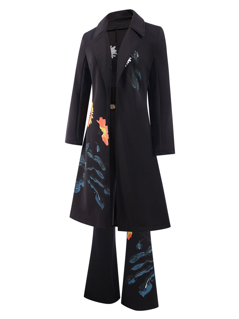 3PCS Black 1960s Floral Long Coat & Top & Pants Suit Set, vintage top, retro blouse - perfect for women who love vintage and retro fashion