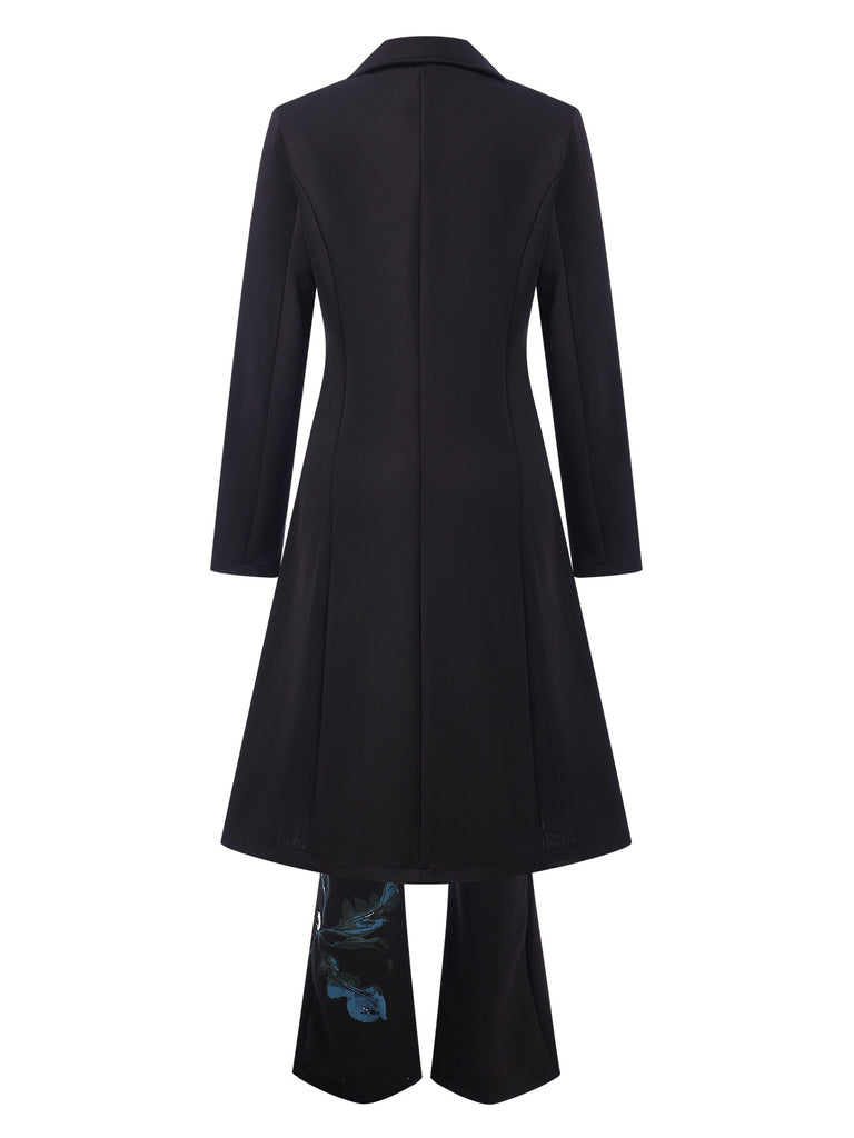 3PCS Black 1960s Floral Long Coat & Top & Pants Suit Set, vintage top, retro blouse - perfect for women who love vintage and retro fashion