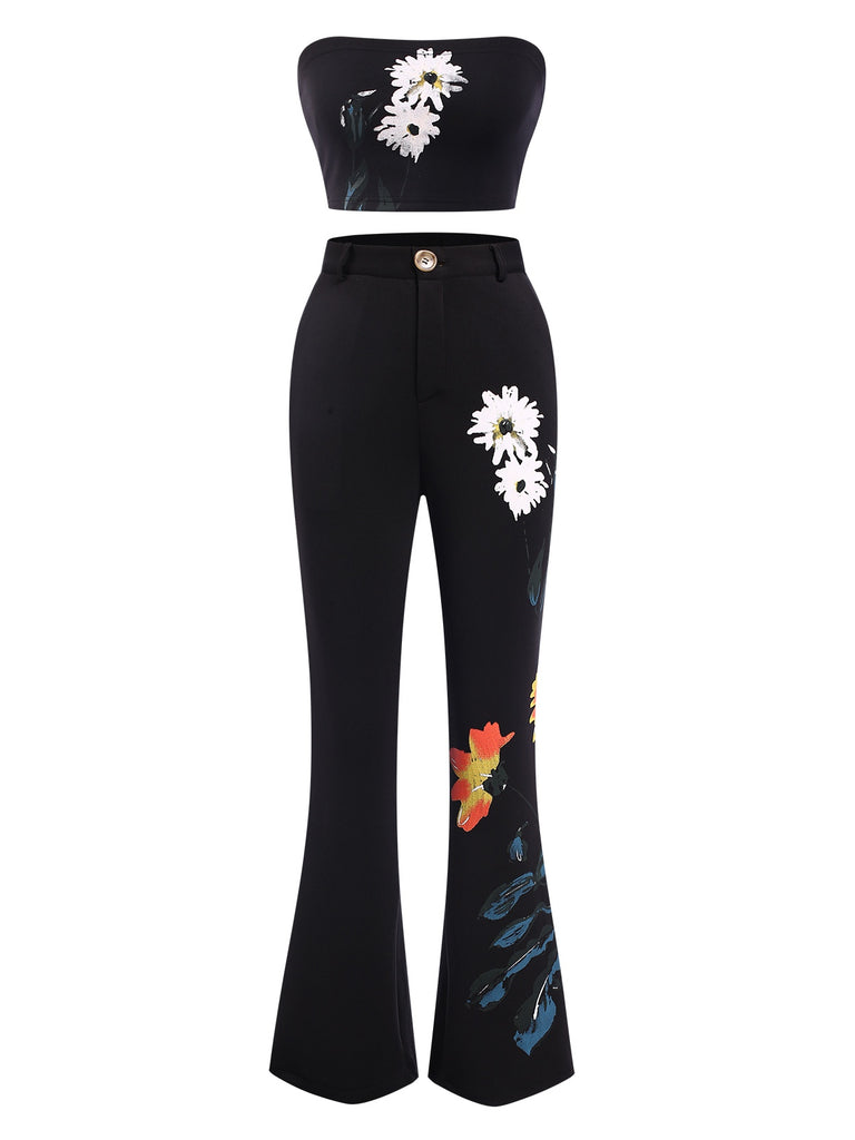 3PCS Black 1960s Floral Long Coat & Top & Pants Suit Set, vintage top, retro blouse - perfect for women who love vintage and retro fashion