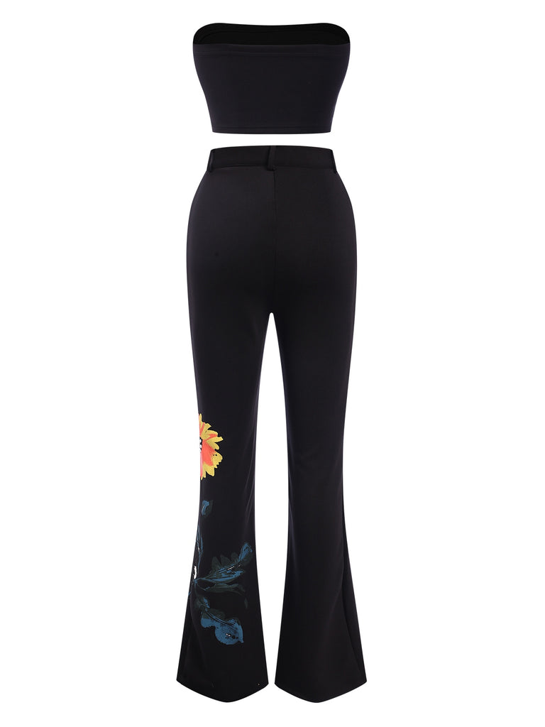 3PCS Black 1960s Floral Long Coat & Top & Pants Suit Set, vintage top, retro blouse - perfect for women who love vintage and retro fashion