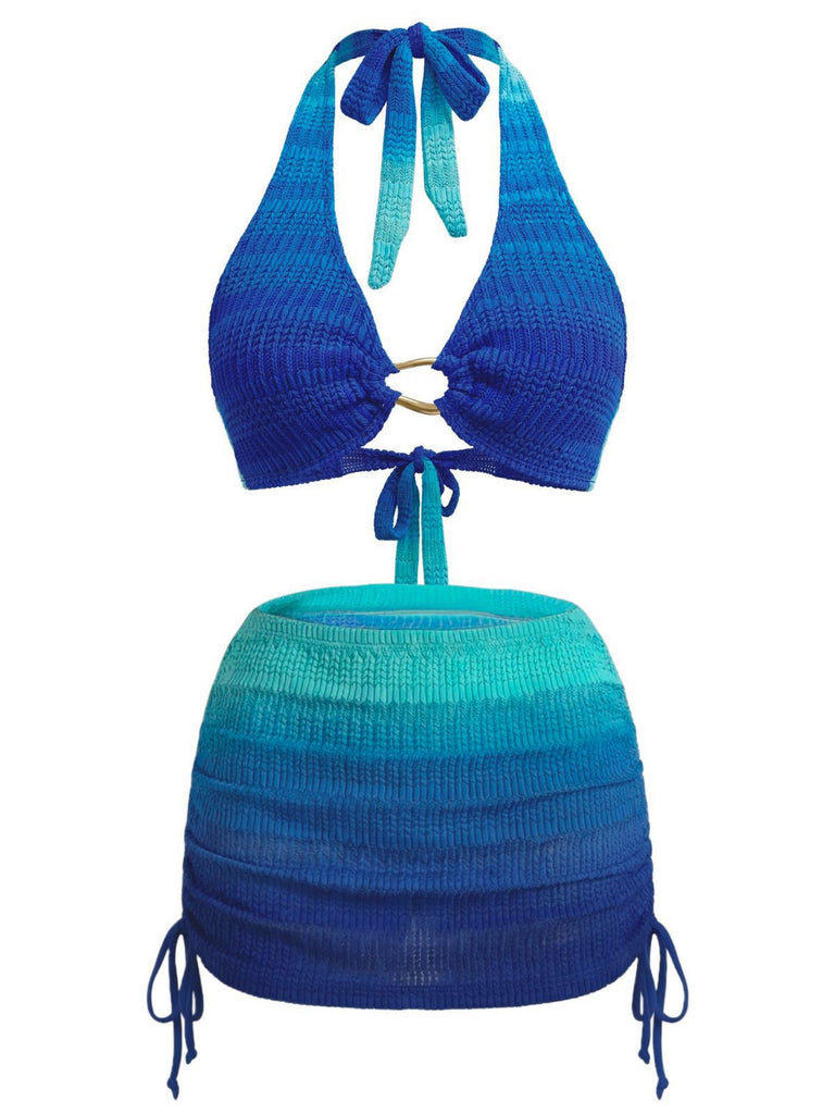 3PCS Blue 1980s Gradient Bikini Set & Skirt Cover-Up - vintage skirt, retro style