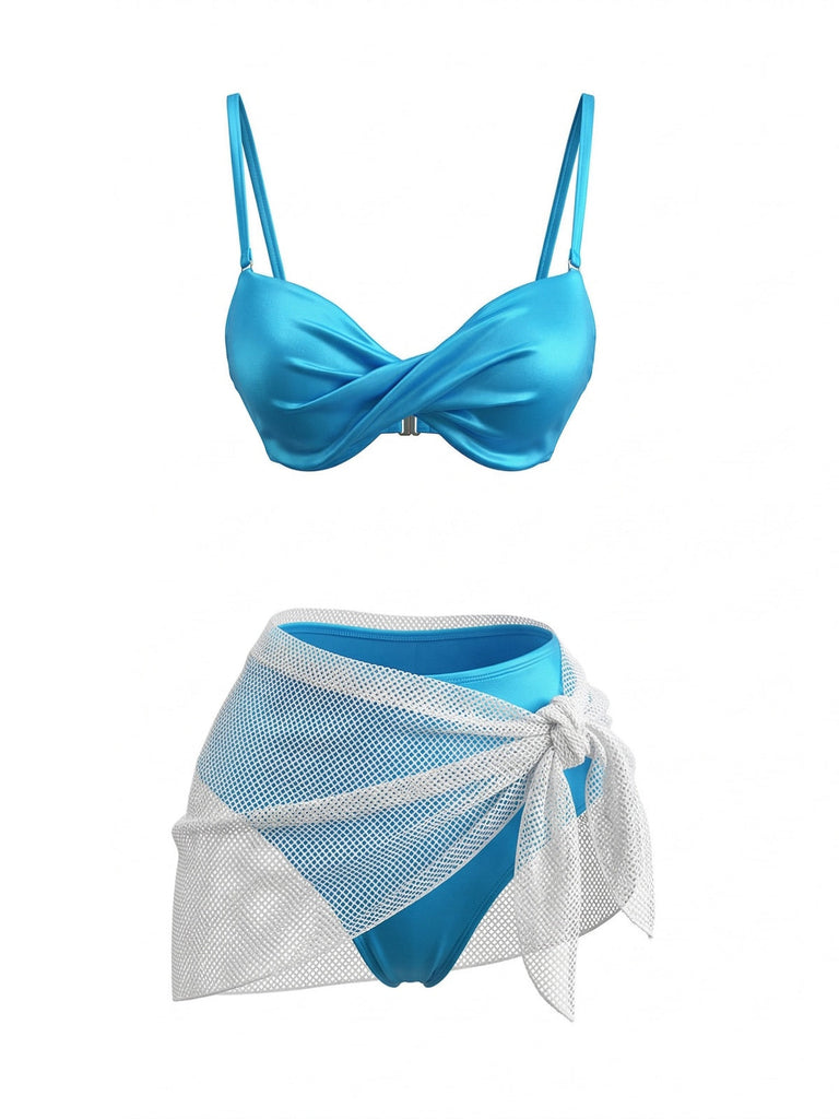 Deep Sky Blue 1980s Bikini Set Swimsuit