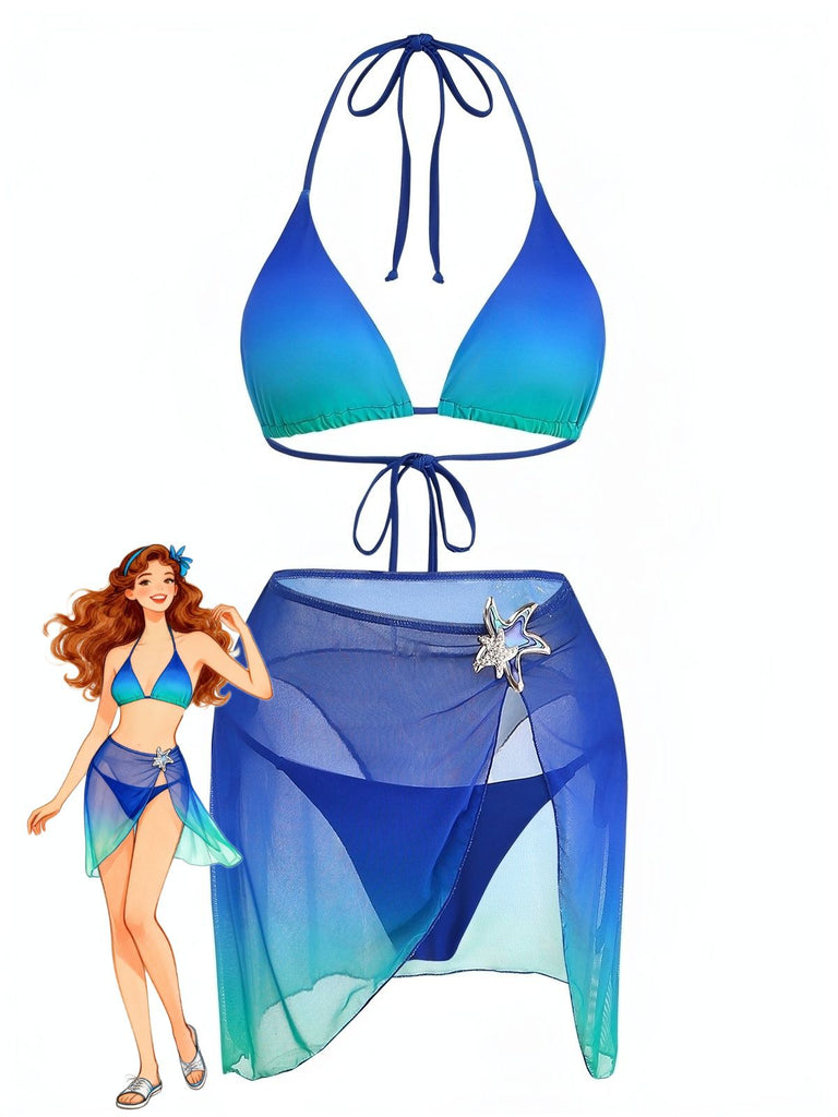 3PCS Dark Blue 2000s Gradient Triangle Bikini Set & Cover-Up - vintage swimwear, retro swimsuit, pin-up style for vintage lovers