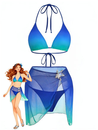 3PCS Dark Blue 2000s Gradient Triangle Bikini Set & Cover-Up - vintage swimwear, retro swimsuit, pin-up style for vintage lovers