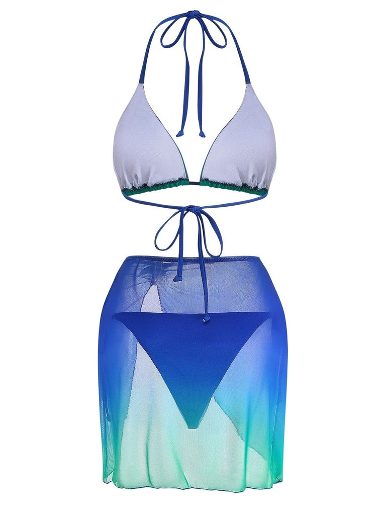 3PCS Dark Blue 2000s Gradient Triangle Bikini Set & Cover-Up | vintage swimwear, retro swimsuit, pin-up style - perfect for retro fashion enthusiasts