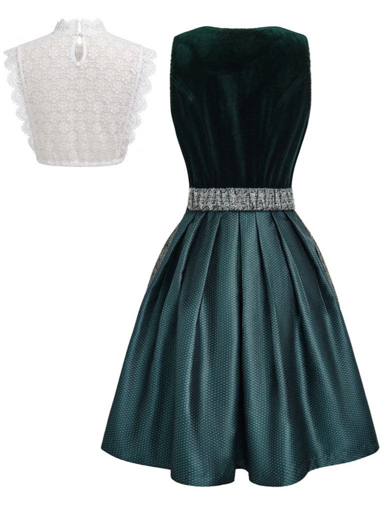 3PCS Green 1950s Square Neck Velvet Jacquard Dress & Apron & Lace Top, vintage dress, retro fashion, rockabilly, pin-up fashion - perfect for women who love vintage and retro fashion