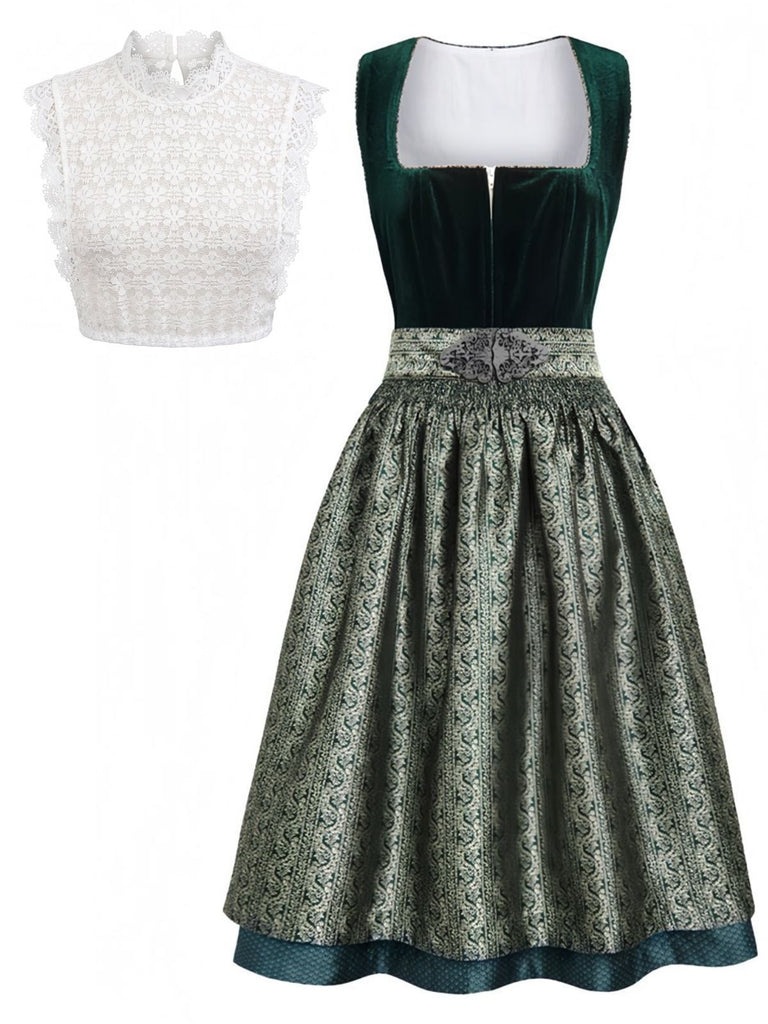 3PCS Green 1950s Square Neck Velvet Jacquard Dress & Apron & Lace Top, vintage dress, retro fashion, rockabilly, pin-up fashion - perfect for women who love vintage and retro fashion