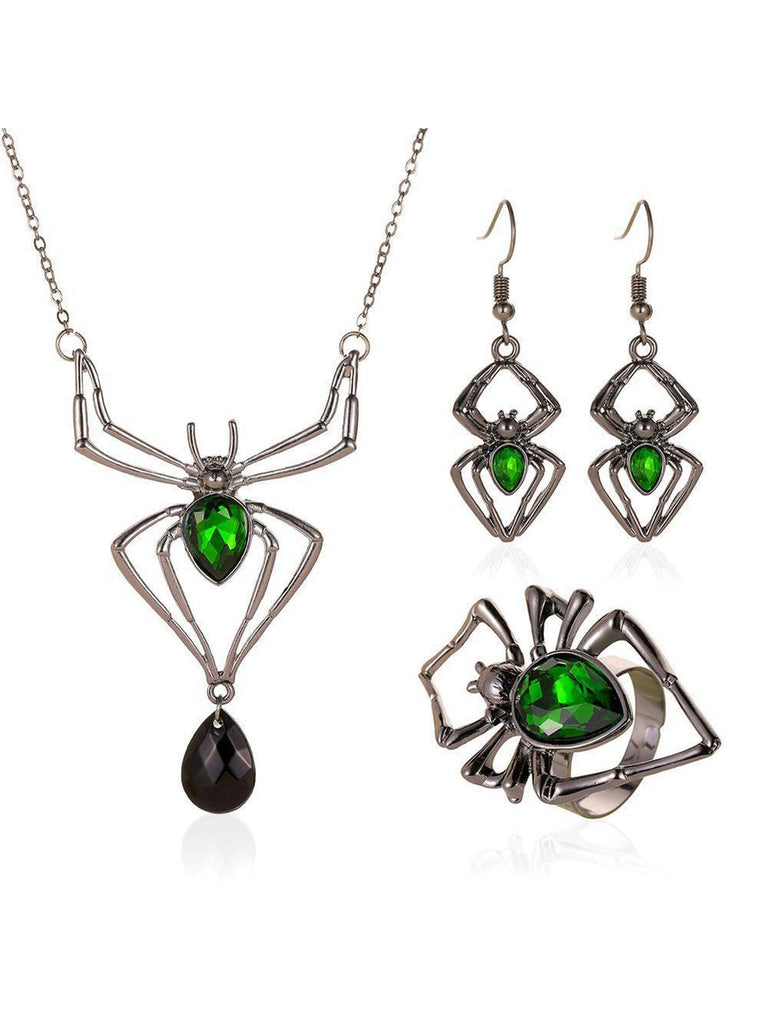 3PCS Green Spider Necklace & Earrings & Ring Set - vintage fashion, retro style
