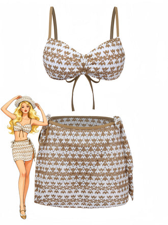 3PCS Khaki 1950s Crochet Hollow Bikini Set & Cover Up - vintage swimwear, retro swimsuit, pin-up style for vintage lovers