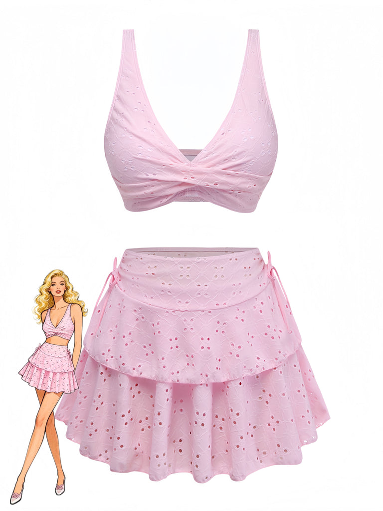 3PCS Pink 1940s Eyelet Bikini Set & Ruffled Skirt - vintage skirt, retro style