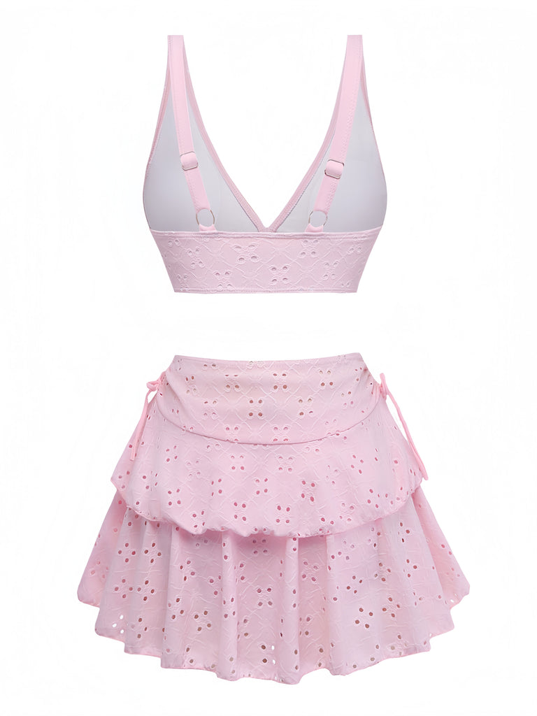 3PCS Pink 1940s Eyelet Bikini Set & Ruffled Skirt - vintage skirt, retro style