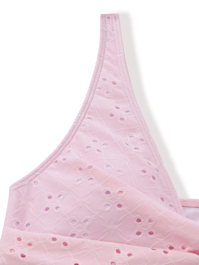 3PCS Pink 1940s Eyelet Bikini Set & Ruffled Skirt - vintage skirt, retro style