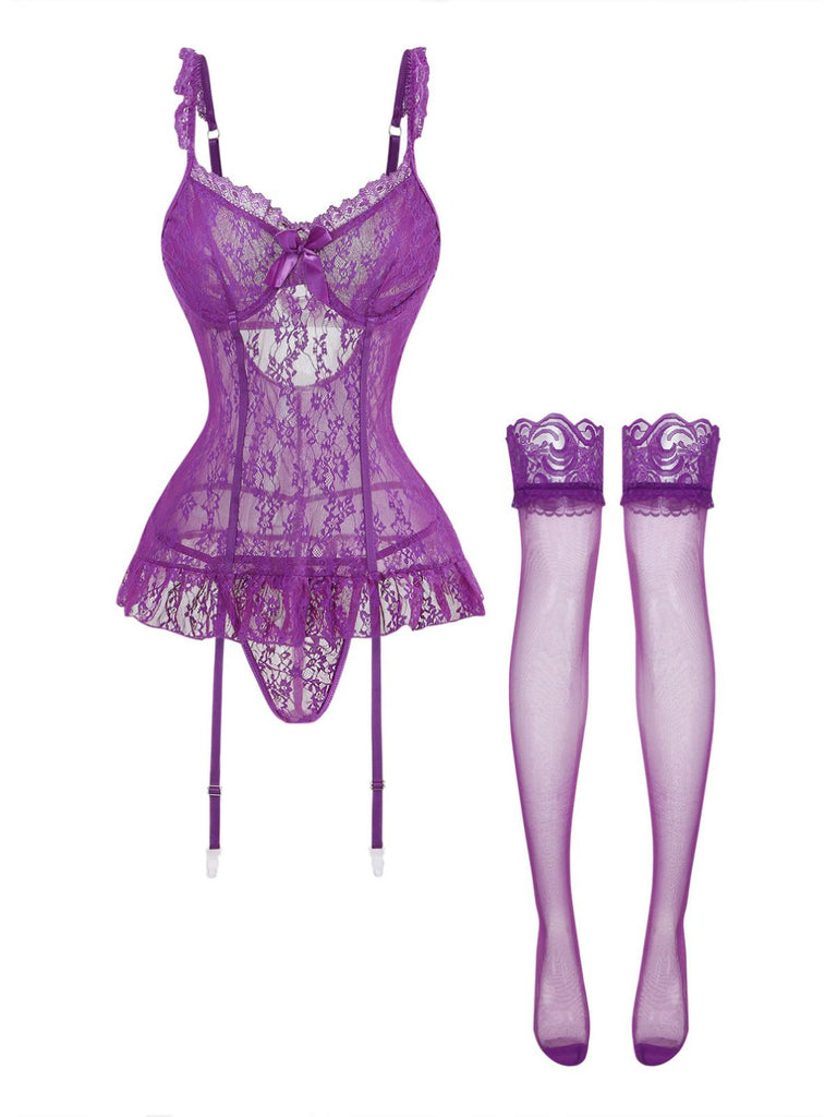 3PCS Purple 1980s Lace Lingerie Set with Stockings: beautiful vintage lingerie, retro nightgown, elegant sleepwear with timeless appeal