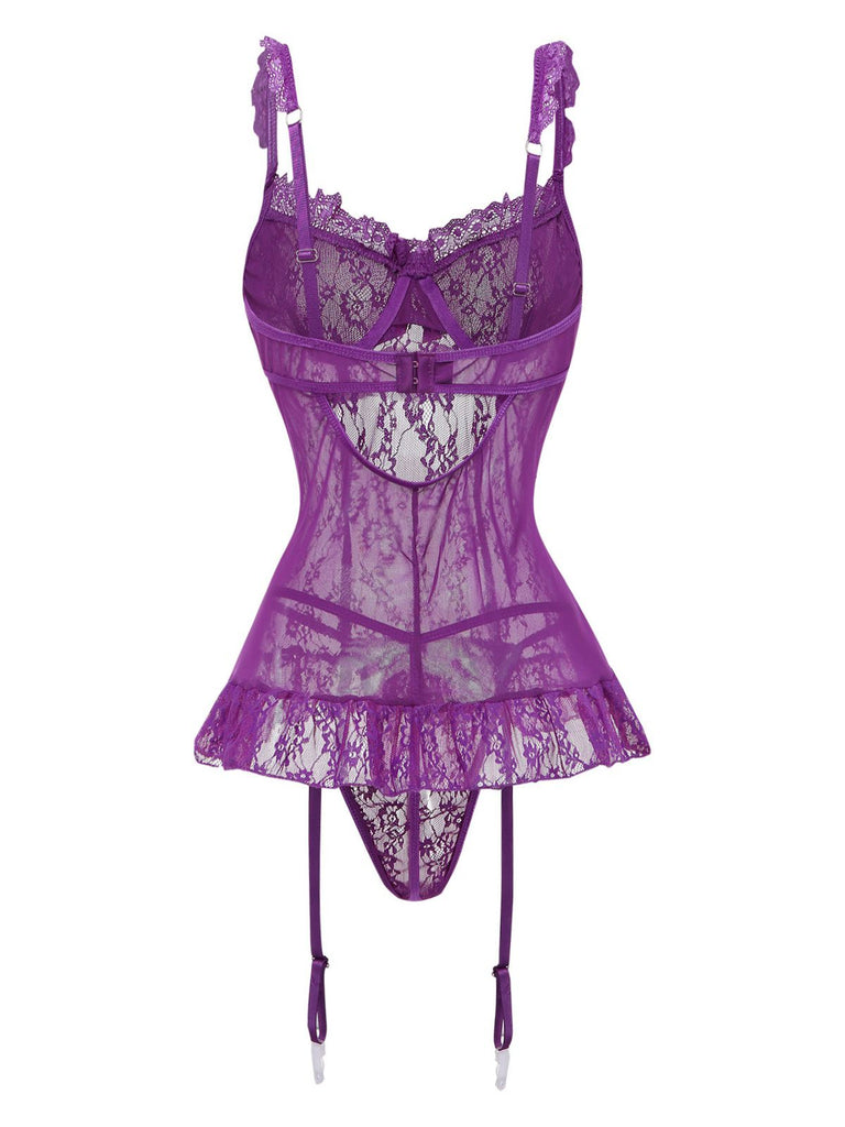 3PCS Purple 1980s Lace Lingerie Set with Stockings | vintage lingerie, retro nightgown, elegant sleepwear - perfect for retro fashion enthusiasts