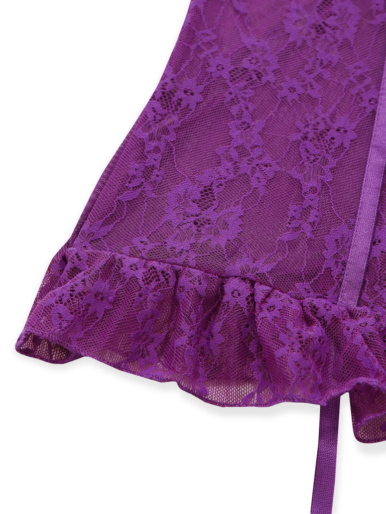 3PCS Purple 1980s Lace Lingerie Set with Stockings | vintage lingerie, retro nightgown, elegant sleepwear - perfect for retro fashion enthusiasts