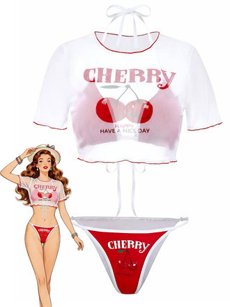 3PCS Red 1950s Cherry Print Tie-Up Bikini Set - vintage fashion, retro style, elegant red