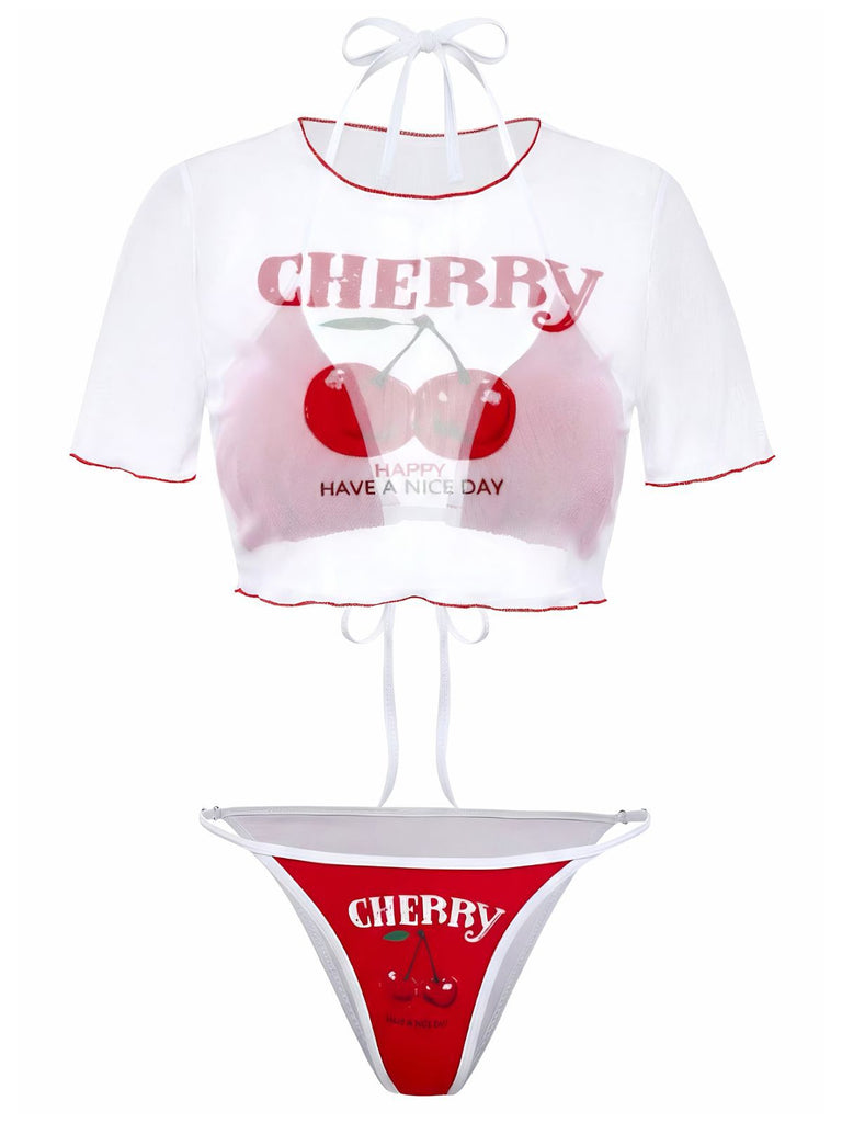 3PCS Red 1950s Cherry Print Tie-Up Bikini Set - vintage fashion, retro style, elegant red