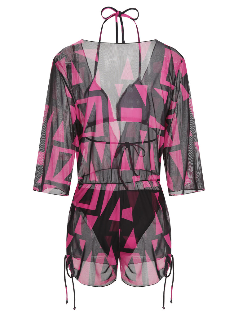This 3PCS Rose Red 1960s Geometric Bikini Set & Cover-Up carries 1960s vacation dreams in every stitch