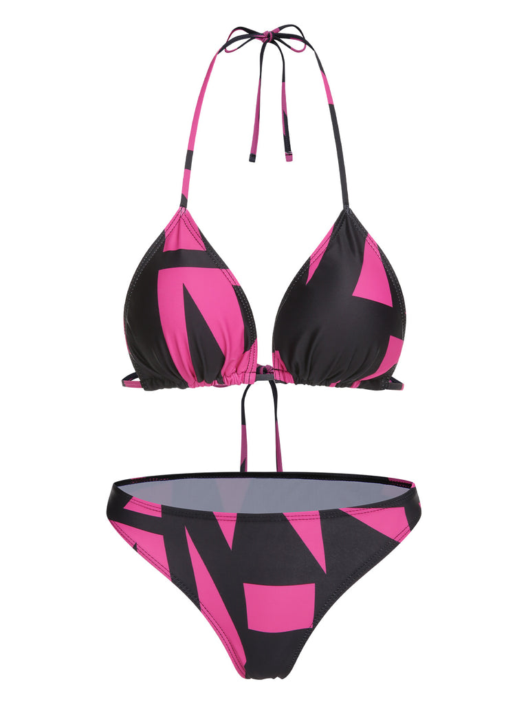 3PCS Rose Red 1960s Geometric Bikini Set & Cover-Up — because 1960s glamour never goes out of style