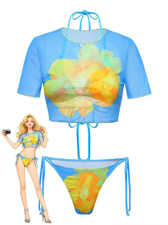 3PCS Sky Blue 1960s Floral Bikini Set & Crop Top - vintage swimwear, retro swimsuit, pin-up style for vintage lovers
