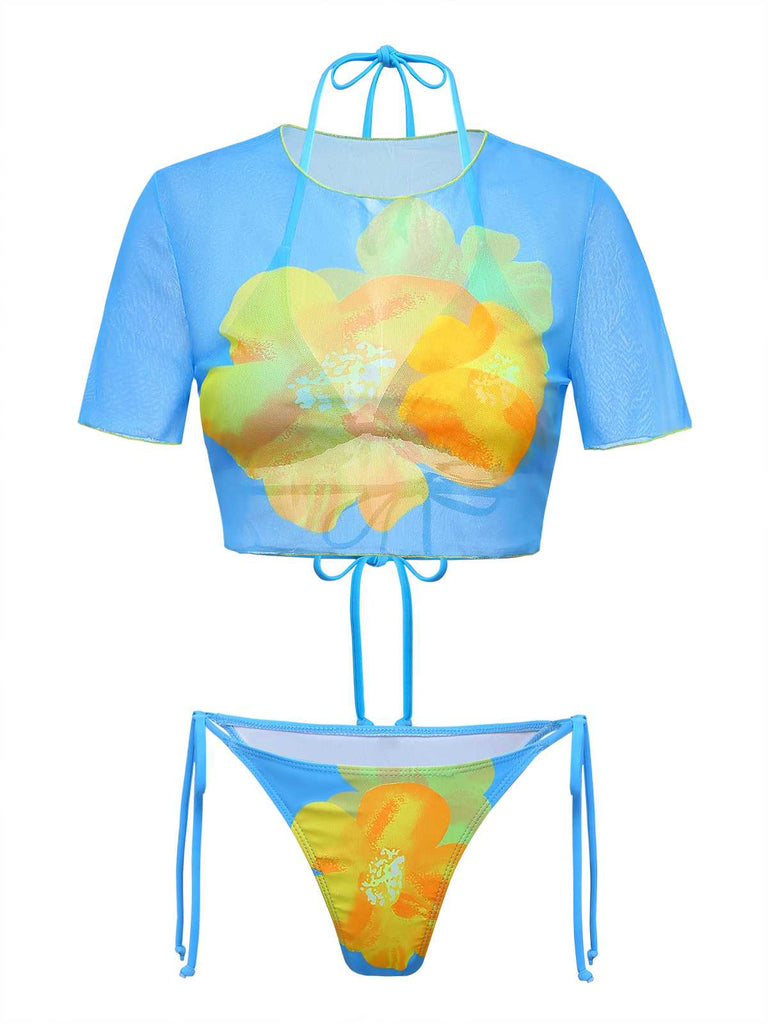 3PCS Sky Blue 1960s Floral Bikini Set & Crop Top: beautiful vintage swimwear, retro swimsuit, pin-up style with timeless appeal