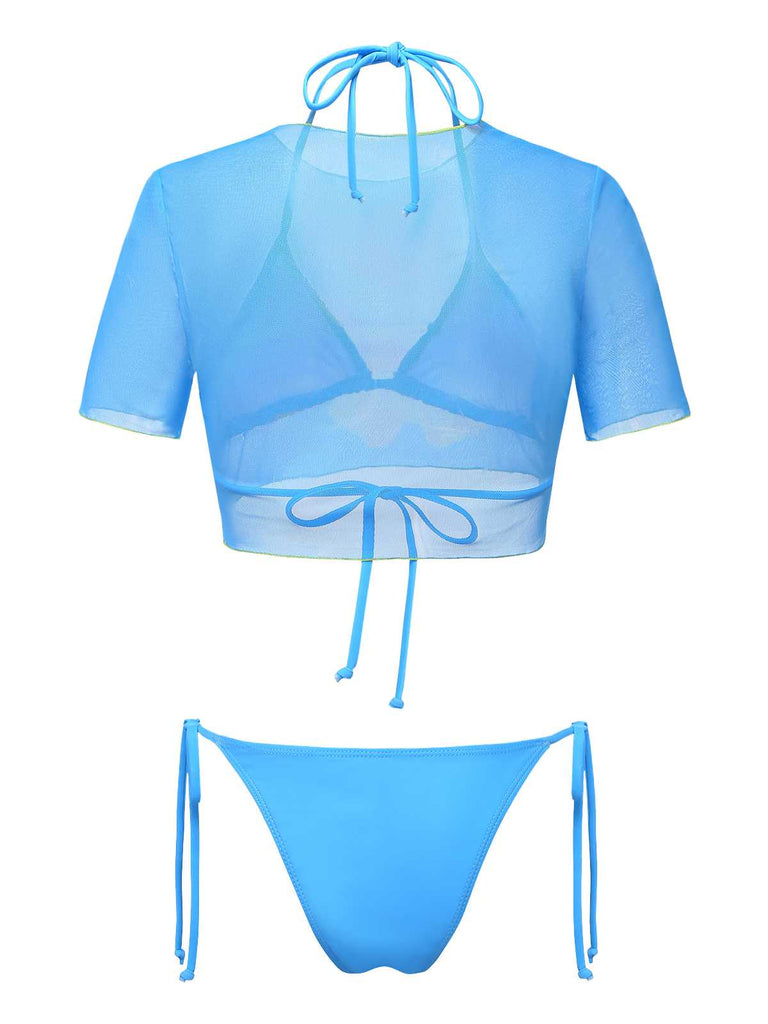 3PCS Sky Blue 1960s Floral Bikini Set & Crop Top | vintage swimwear, retro swimsuit, pin-up style - perfect for retro fashion enthusiasts
