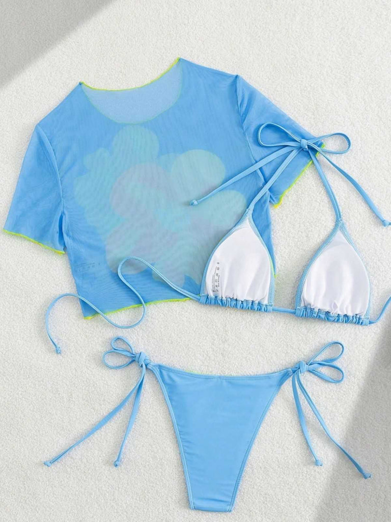 3PCS Sky Blue 1960s Floral Bikini Set & Crop Top: beautiful vintage swimwear, retro swimsuit, pin-up style with timeless appeal