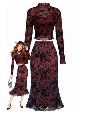 3PCS Wine Red 1930s Flocked Floral Sheer Set - vintage fashion, retro style, elegant red