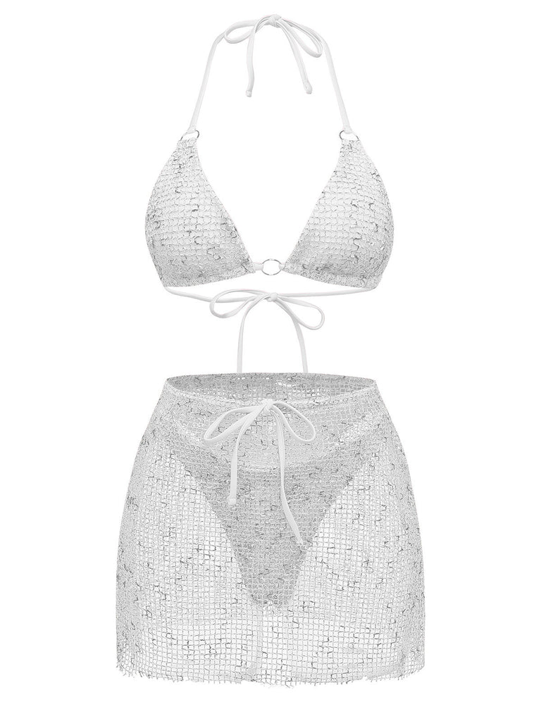 3PCS Y2K Crochet Sequin Halter Tie Triangle Bikini Set & Cover-Up, vintage swimsuit, pin-up swimwear, retro beach style, women, elegant