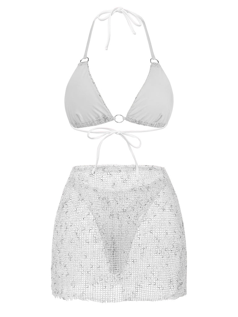3PCS Y2K Crochet Sequin Halter Tie Triangle Bikini Set & Cover-Up, vintage swimsuit, pin-up swimwear, retro beach style, women, elegant