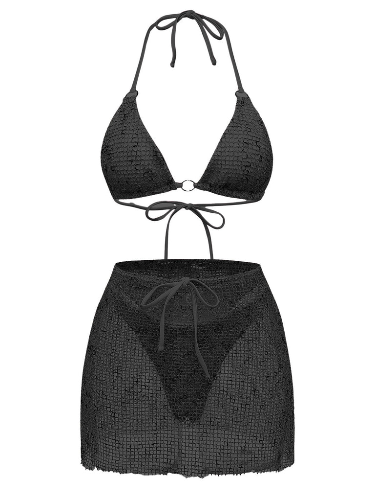 3PCS Y2K Crochet Sequin Halter Tie Triangle Bikini Set & Cover-Up, vintage swimsuit, pin-up swimwear, retro beach style, women, elegant