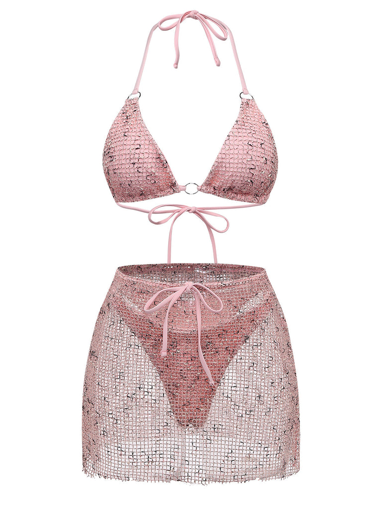 3PCS Y2K Crochet Sequin Halter Tie Triangle Bikini Set & Cover-Up, vintage swimsuit, pin-up swimwear, retro beach style, women, elegant