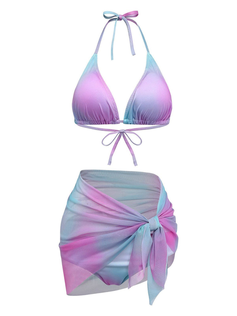 3PCS Y2K Halter Ombre Bikini Set & Cover-Up, vintage swimsuit, pin-up swimwear - perfect for women who love vintage and retro fashion