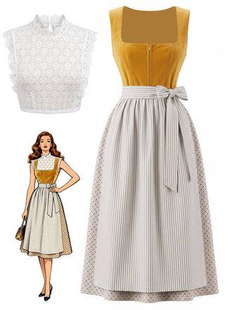 3PCS Yellow 1950s Square Neck Dress & Striped Apron  & Lace Top, vintage dress, retro fashion, rockabilly, pin-up fashion - perfect for women who love vintage and retro fashion