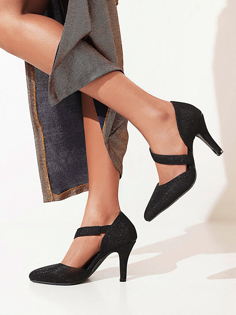 Pointed Toe Glitter Oblique Strap High Heels