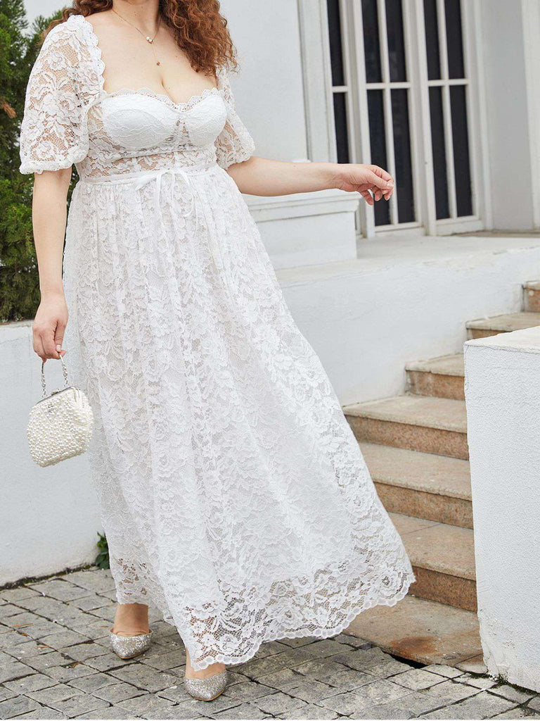 [Plus Size] White 1950s Lace Square Neck Maxi Dress