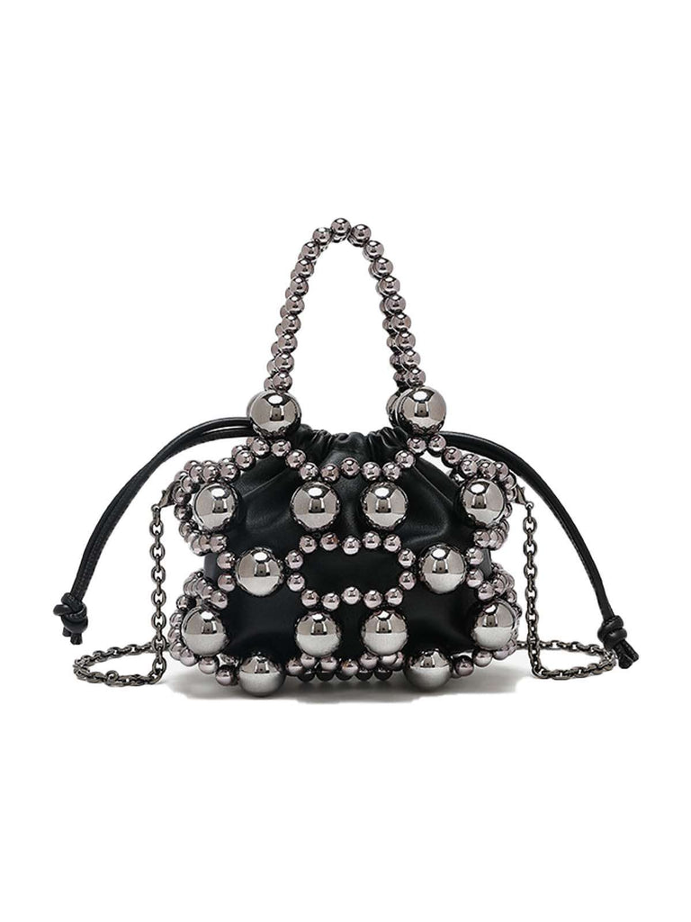 Metallic Beaded Drawstring Mini Bucket Bag