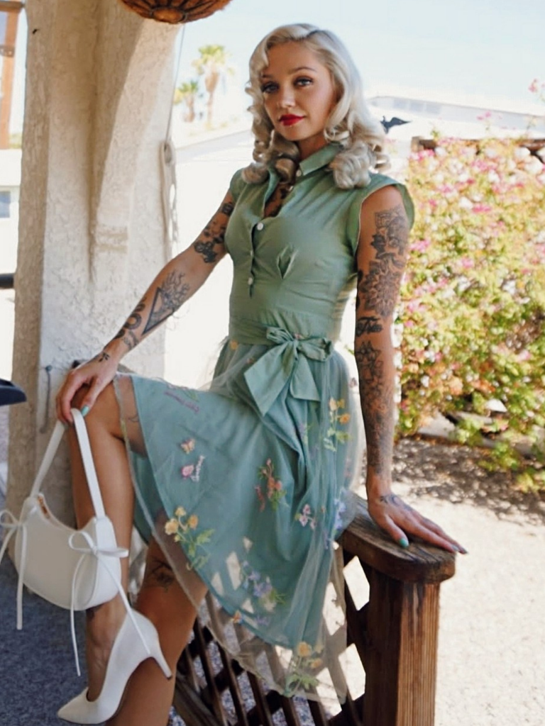 Green 1950s Floral Patchwork Vintage Dress