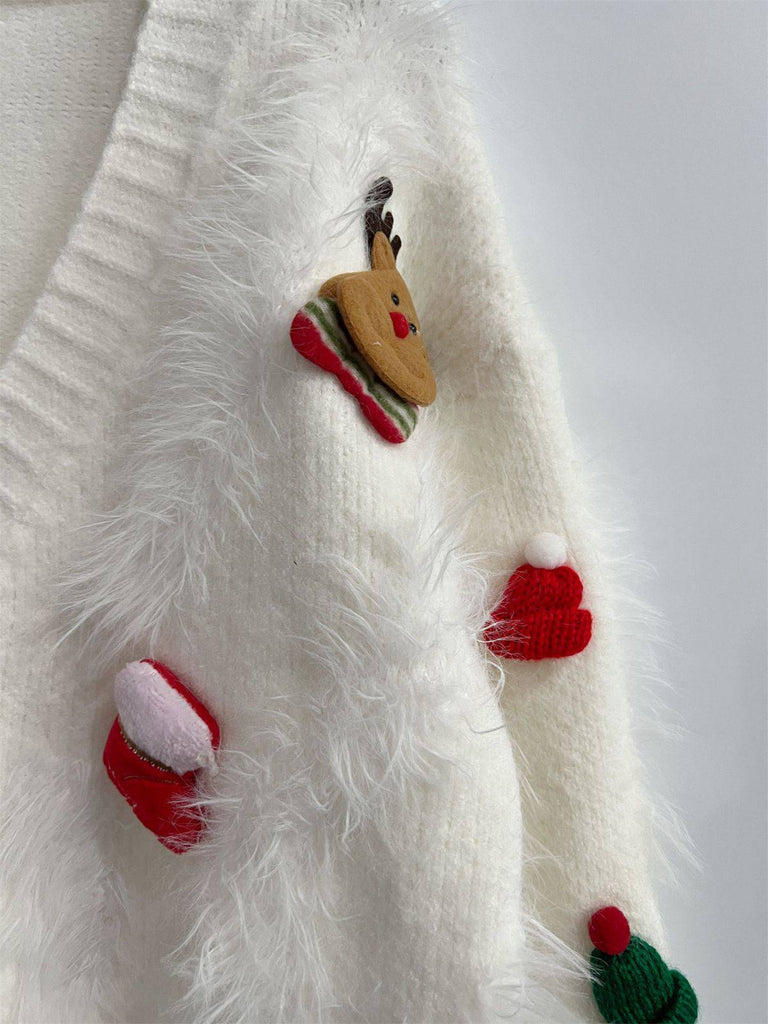 1970s 3D Christams Print Fluffy Knit Button Cardigan