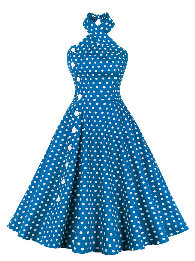 Blue 1950s Polka Dot Halter Dress