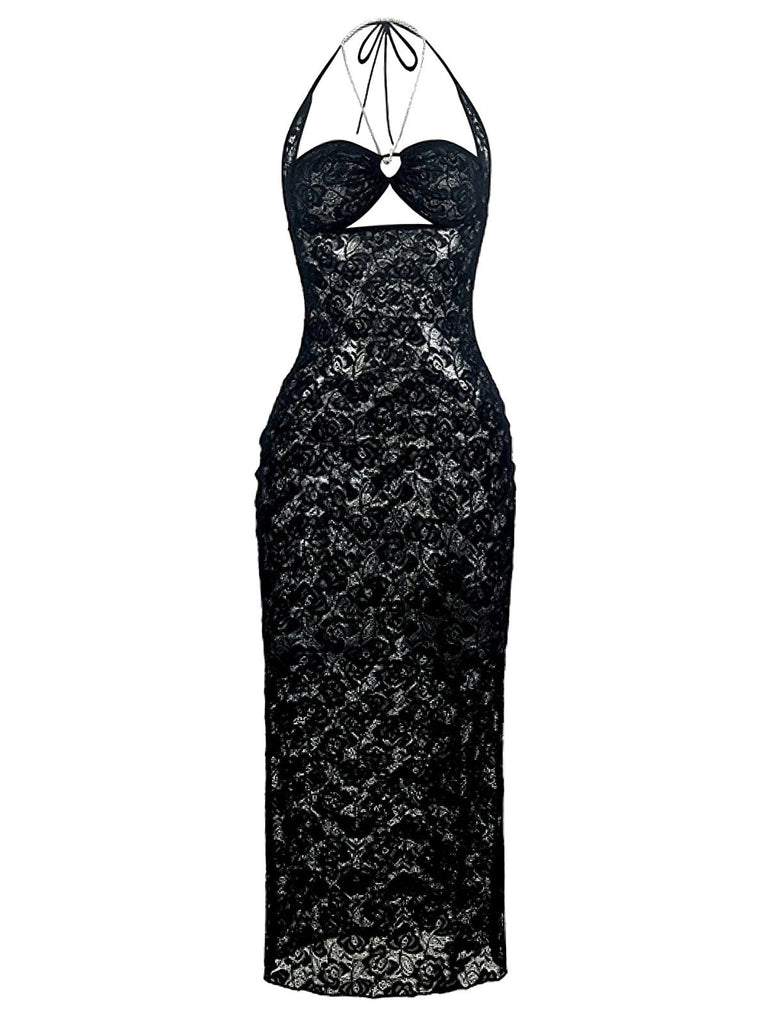 2PCS Black 1940s Lace Sheer Sleepwear Set