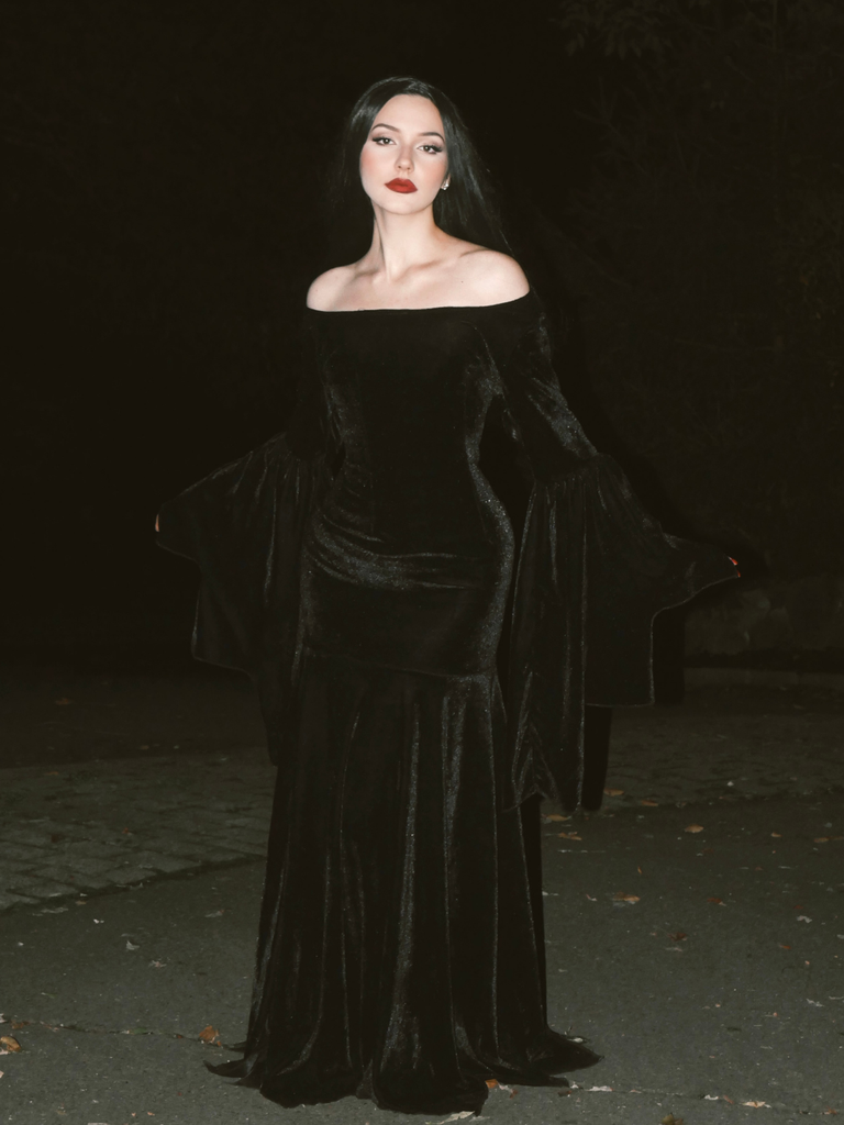 Black 1930s Wednesday Morticia-Inspired Velvet Bell Sleeves Mermaid Dress