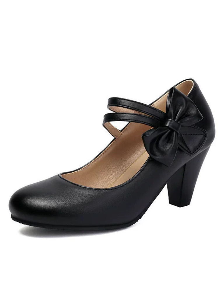 Vintage Bow Strap Solid Leather High Heel Shoes