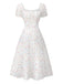 White 1930s Floral Square Neck Puff Sleeve Dress