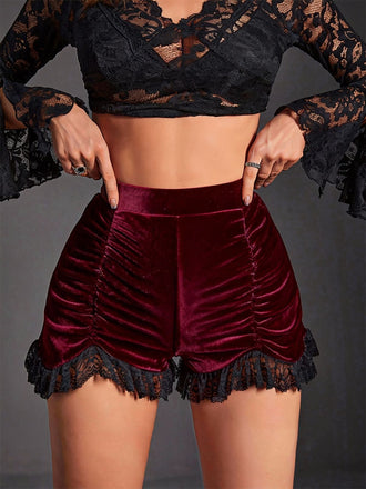 [Pre-Sale] Red 1970s Solid Velvet Lace Pleated Shorts