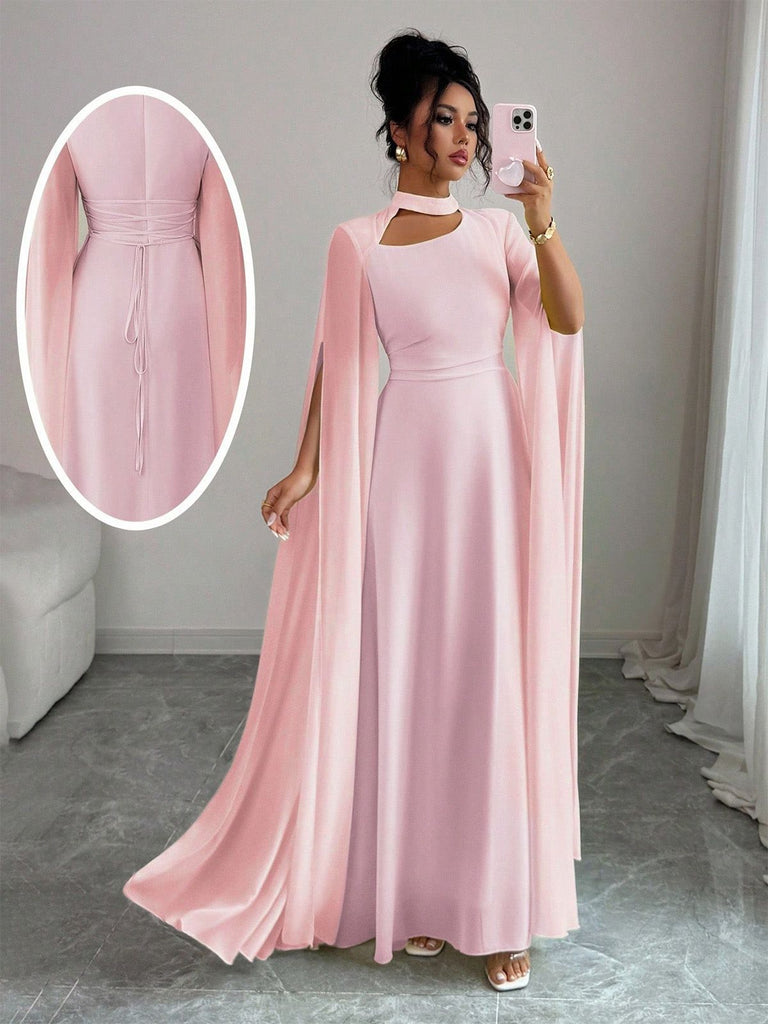 1980s Cape Sleeved Back Tie Maxi Dress