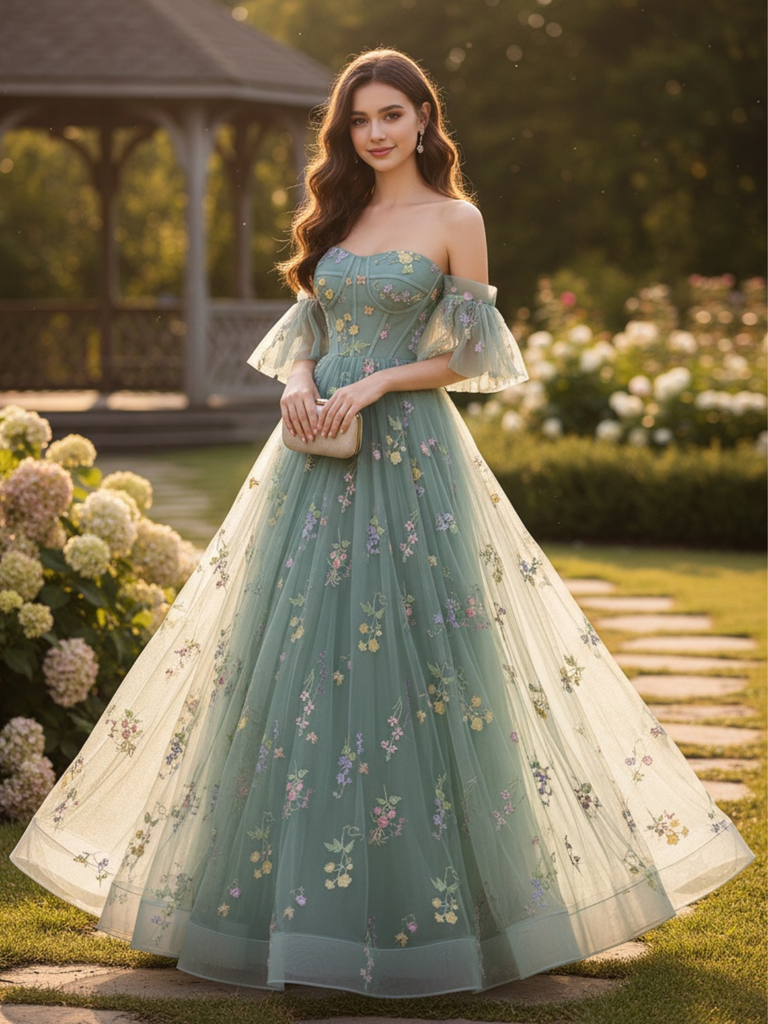 Green 1930s Off-Shoulder Floral Embroidered Tulle Maxi Dress