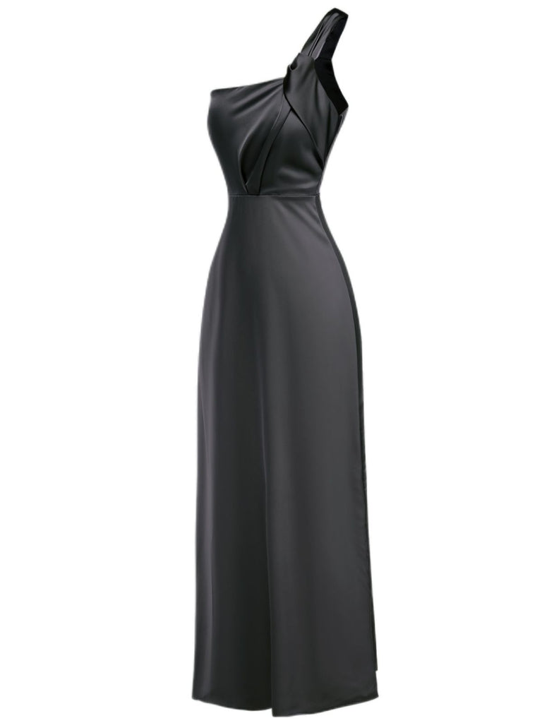 1940s Solid Satin One-Shoulder Dress