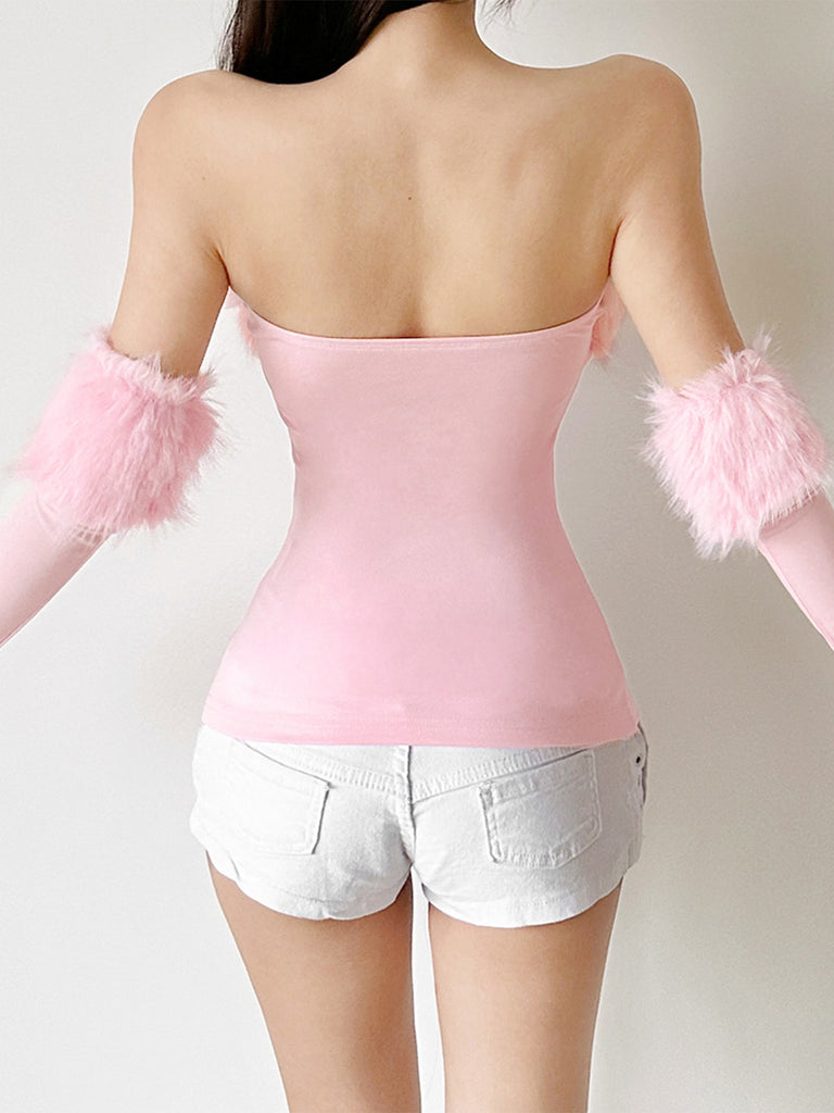 1980s Strapless Plush Fitted Top With Long Gloves