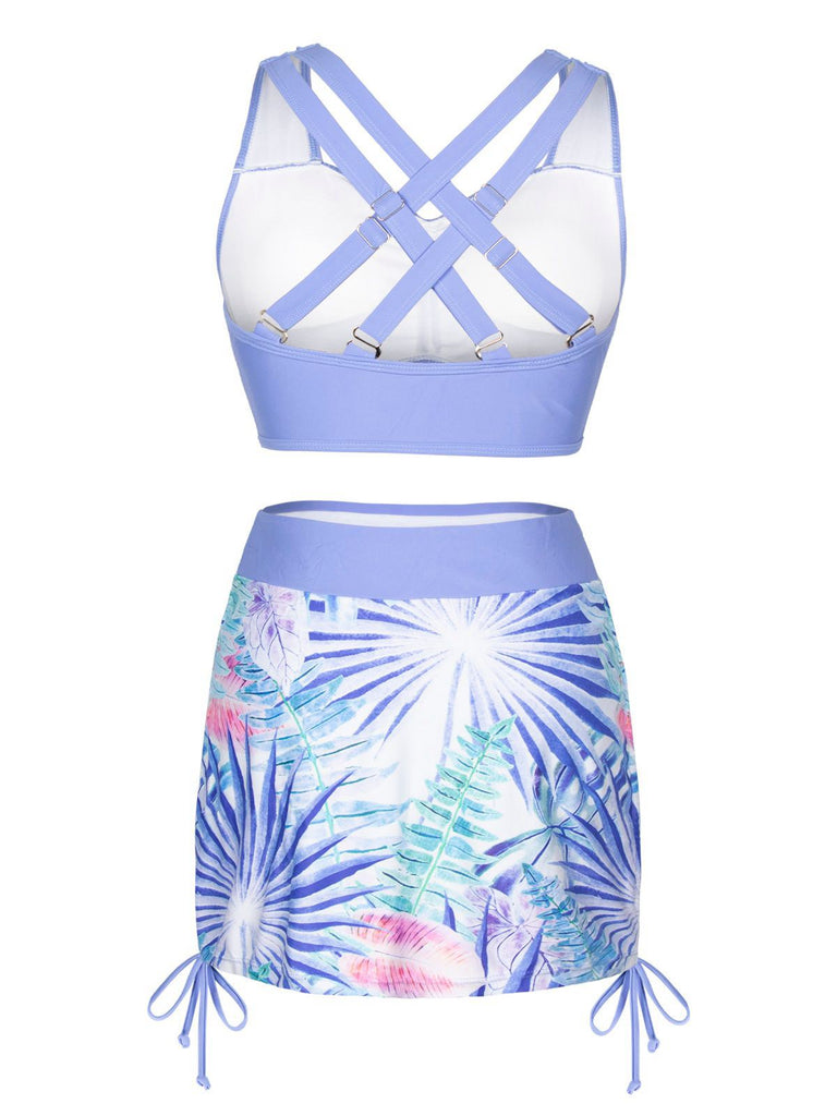 Lavender 1950s Tropical Plant Drawstring Swimsuit